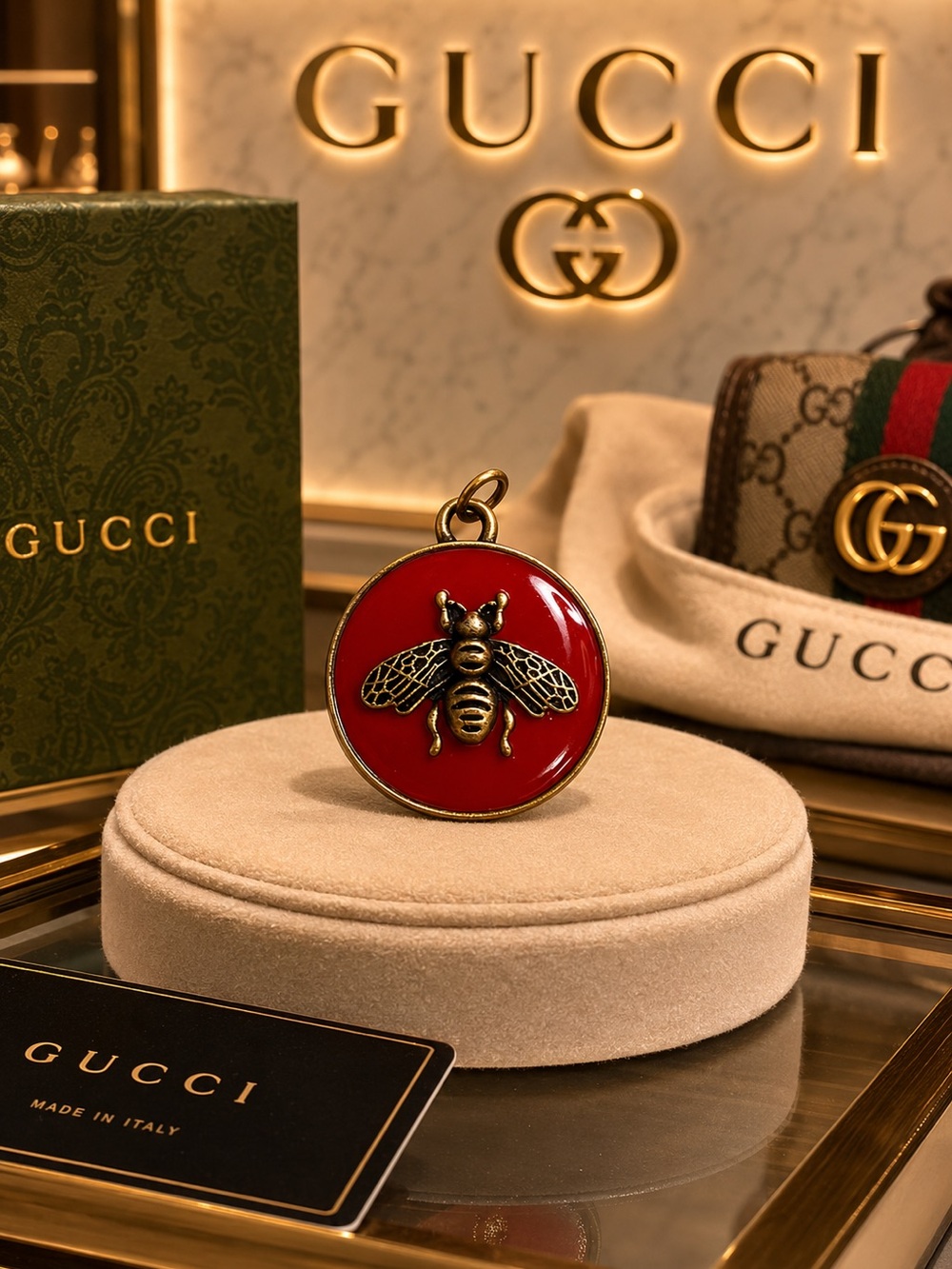 Gucci stamped Large Red Enamel Bee Medallion Charm Pendant